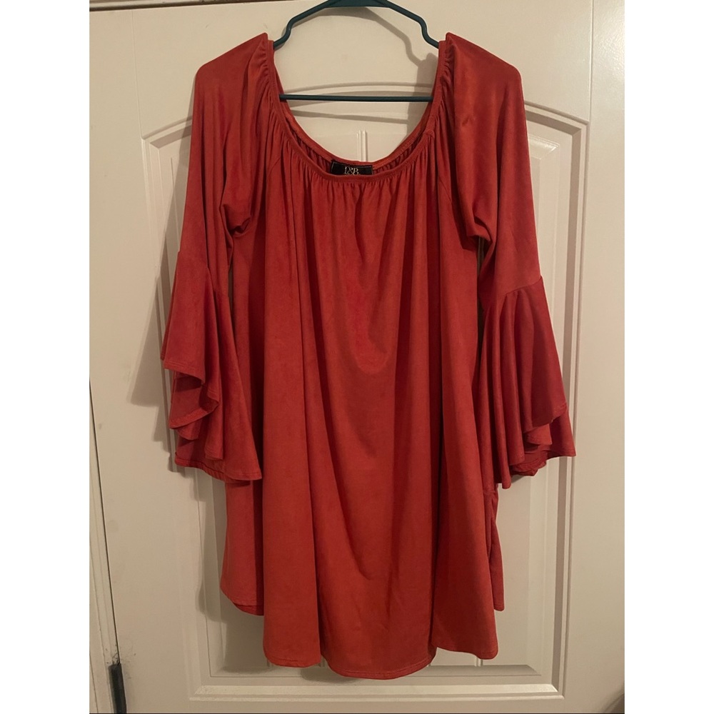 Rust off the shoulder suede dress